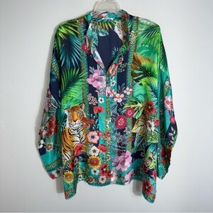 Johnny Was Tigres Et Fleurs 100% Silk Blouse-Tigers-Button Down-Size XL